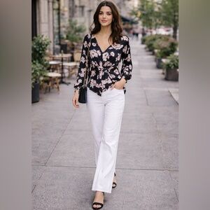 NWT Cinq à Sept Yesenia Floral Tie-Front Silk Blouse Black/ Blush pink Size S